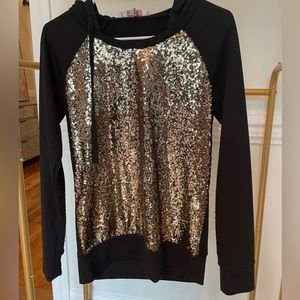 Black & gold sequin hoodie. Modern Vintage Boutique